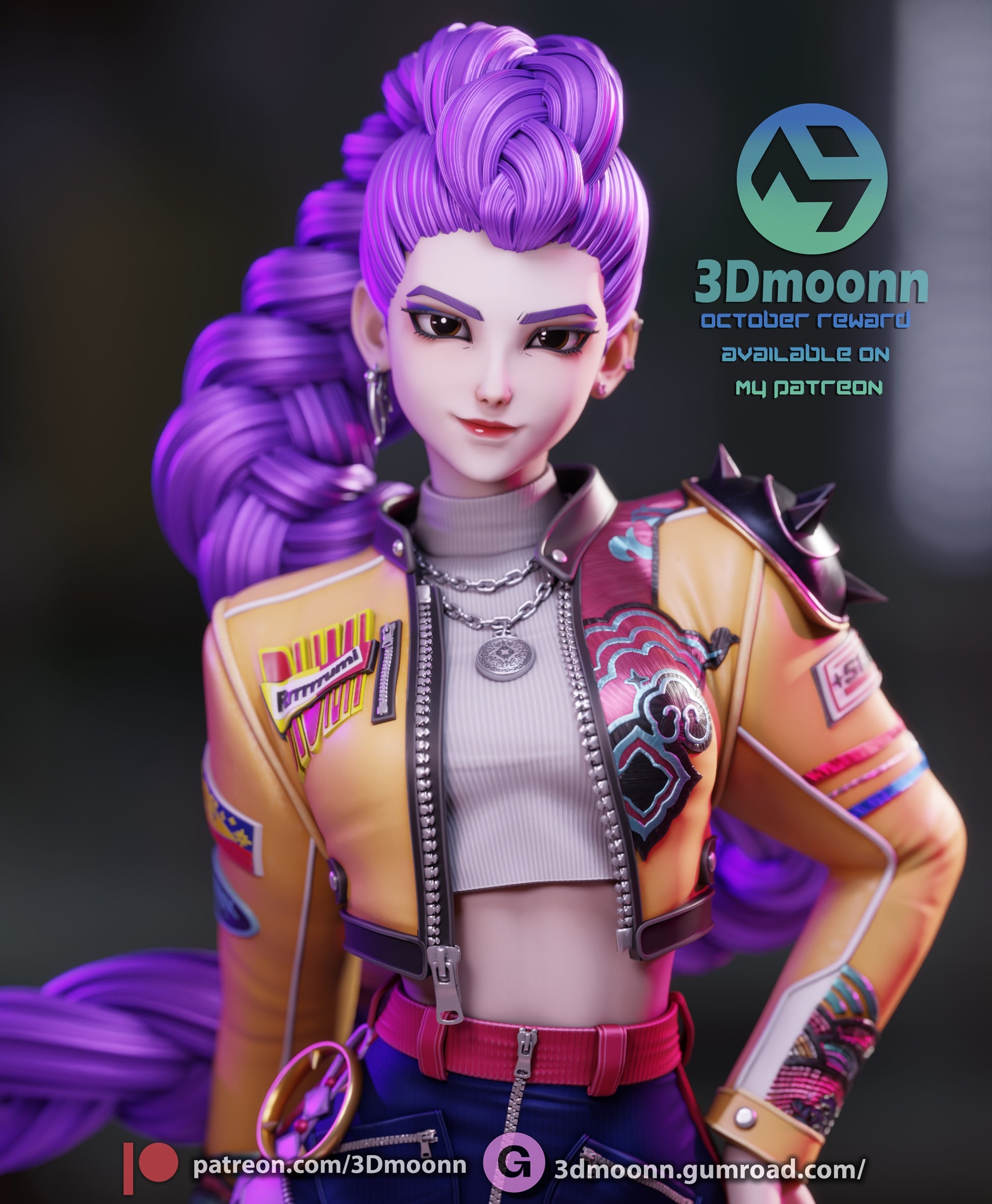 Rumi close-up – K-Pop Demon Hunters collectible showing detailed face, long braid, and colorful jacket