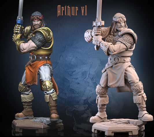 Arthur inspired miniature dual render showing a chainmail-clad knight with two-handed sword, plate pauldrons, decorated greaves, belted tunic, and stone base; appropriate for fantasy tabletop RPG play and display.