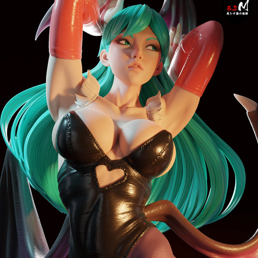 Morrigan Aensland Darkstalkers 1:6 scale statue close-up view with long flowing hair, bat wings, and black bodysuit.