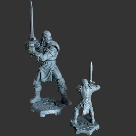 Arthur inspired physical miniatures in two sizes showing chainmail knight holding sword in two-handed stance with detailed armor and cracked stone bases; ideal for tabletop combat encounters and display.