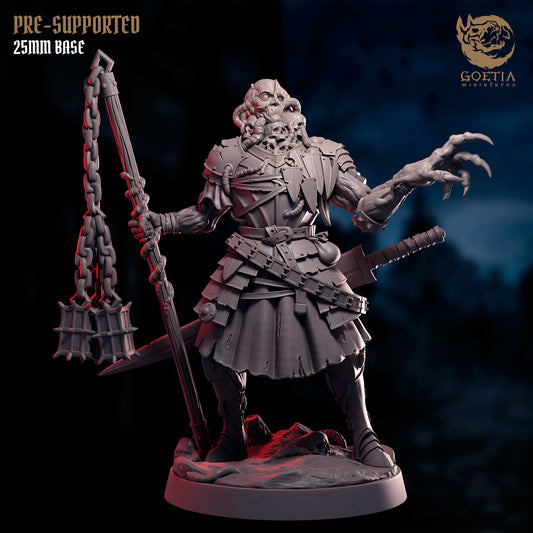 Acolyte of Alzir aberration cult enforcer miniature with corrupted humanoid body, tentacled facial mutations, layered ritual armor, and chained bludgeon weapon, aggressive combat stance on a round base, dark fantasy Dungeons and Dragons tabletop miniature