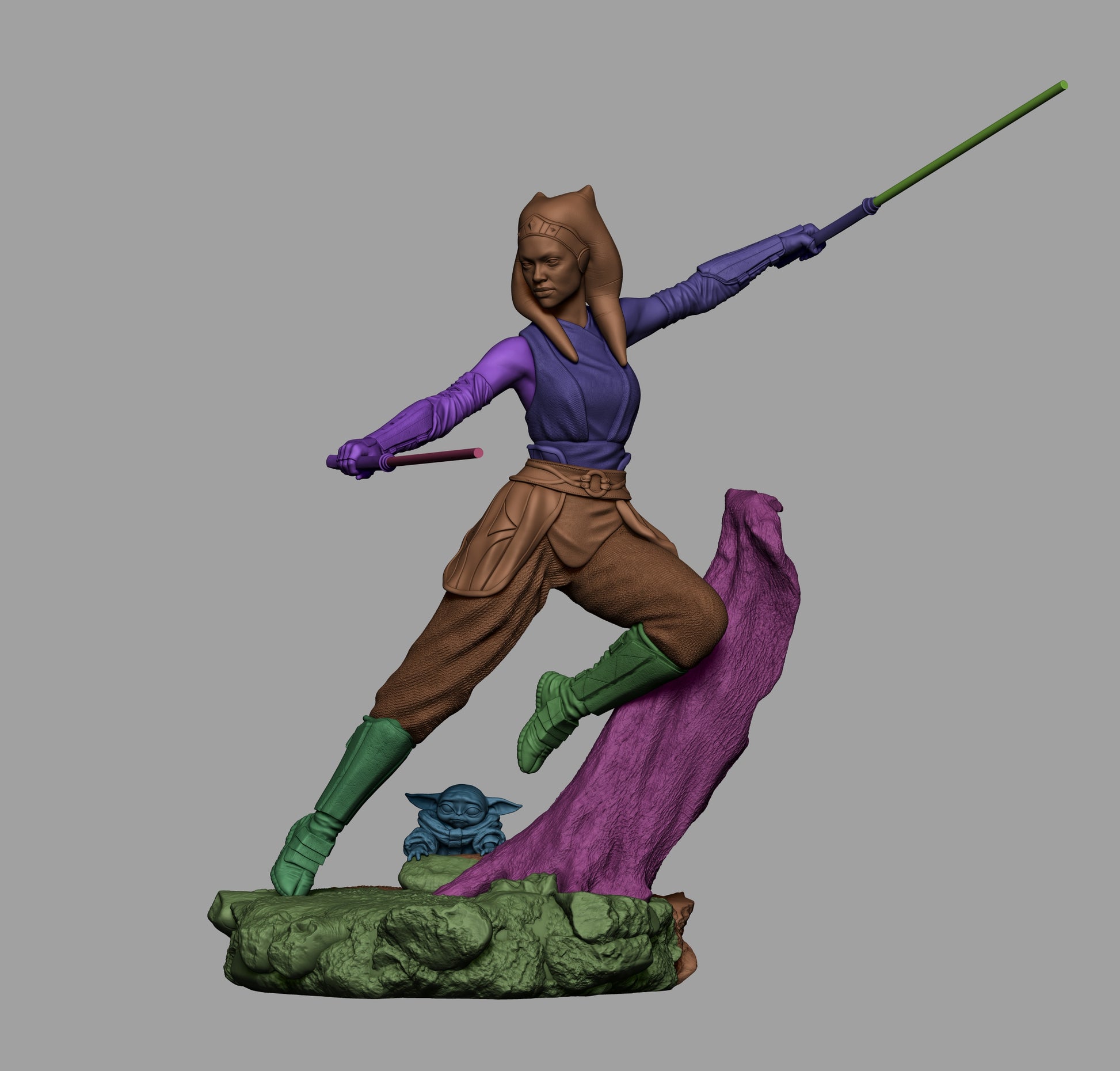 Colored render of Ahsoka Tano 1:6 scale figure with Grogu and scenic base