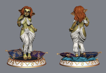 Rotating view of Goblin Aikten figurine in flowing attire, highlighting both front and back designs on a luxurious display platform.