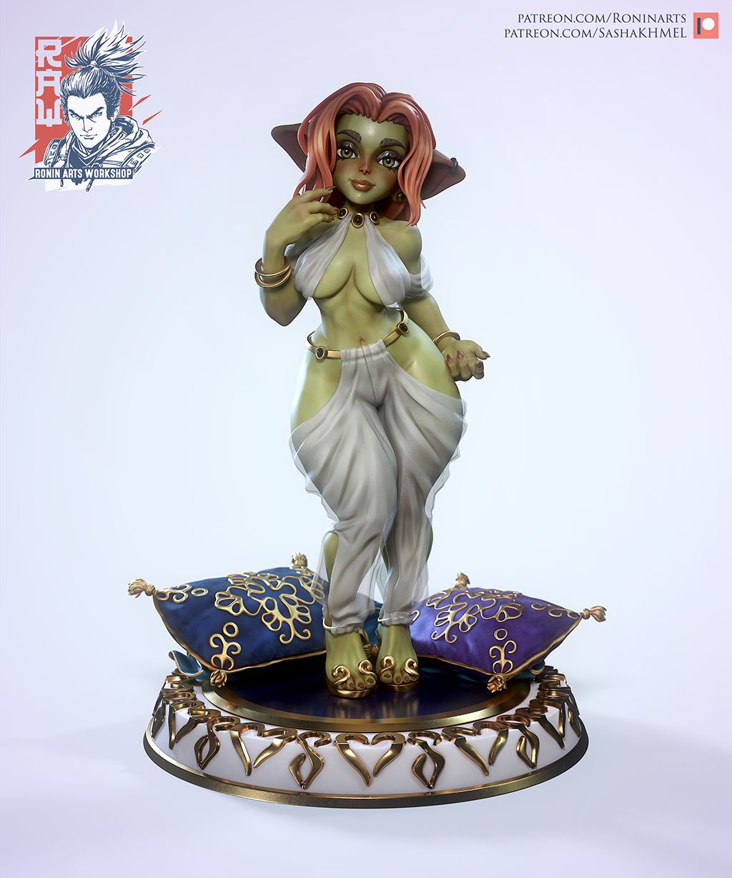 Goblin Aikten figurine dressed in sheer, flowing attire, standing elegantly on a decorative base with luxurious purple and blue cushions.