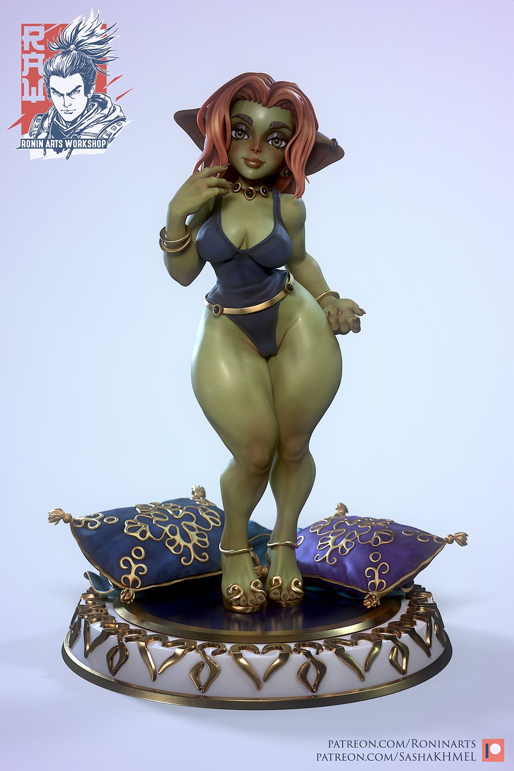 Front view of Goblin Aikten figurine in a stylish pose wearing a sleek swimsuit with gold accessories, standing on a decorated platform with ornate cushions.