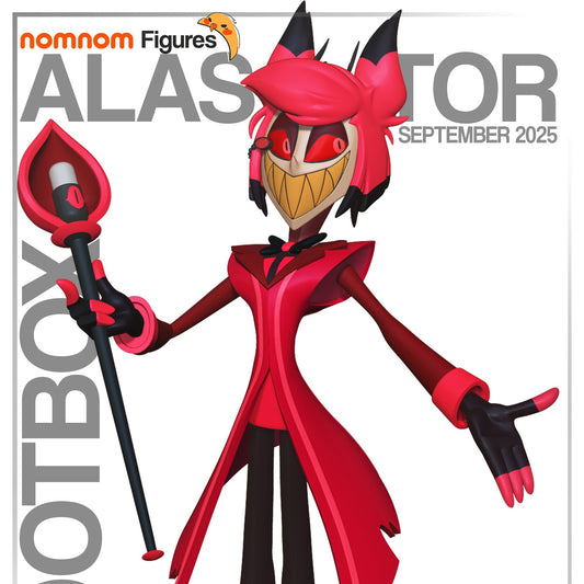Painted render of Alastor Hazbin Hotel figure featuring red coat, grinning face, black gloves, and flame-like base details.