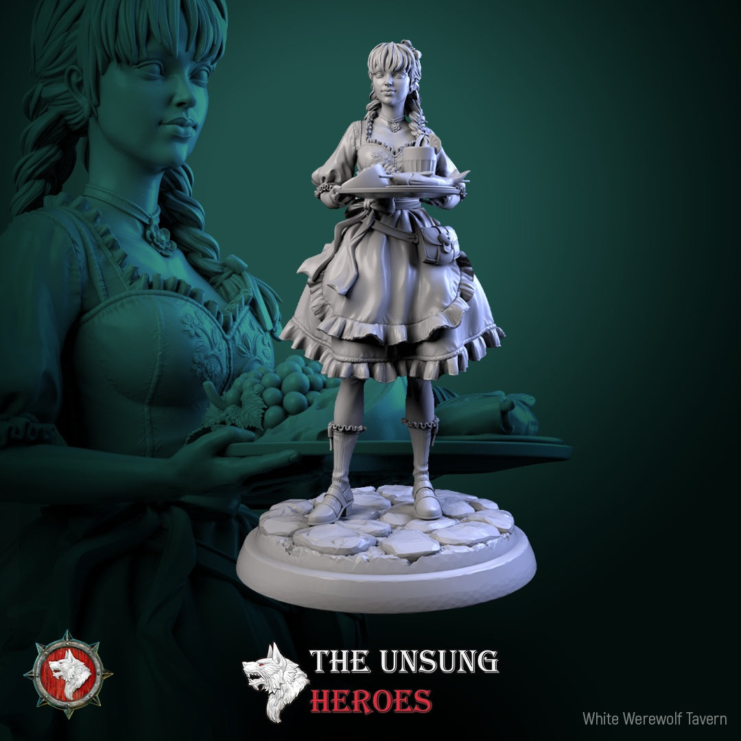 Alehouse Maid human female miniature holding a tray with food and a mug, designed for fantasy tavern settings in RPGs like D&D and Pathfinder