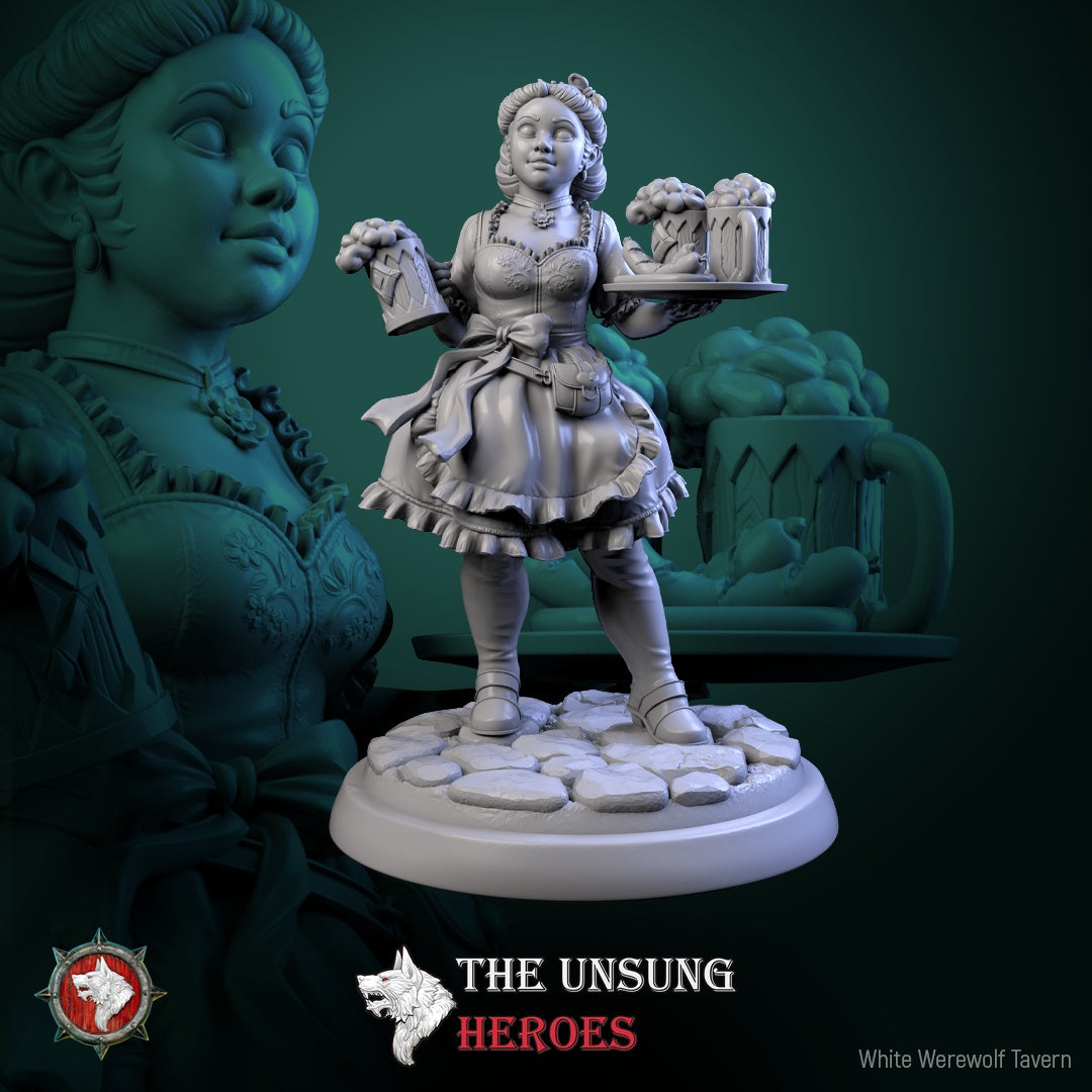 Alehouse Maid halfling female miniature balancing mugs of ale and a tray, ideal NPC for tavern encounters in Dungeons & Dragons or Warhammer Fantasy
