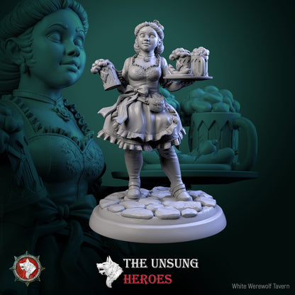Alehouse Maid halfling female miniature balancing mugs of ale and a tray, ideal NPC for tavern encounters in Dungeons & Dragons or Warhammer Fantasy