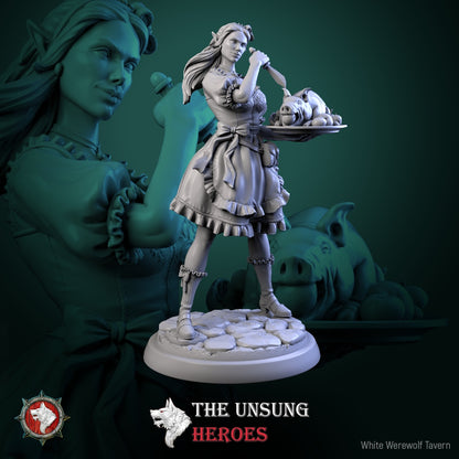 Alehouse Maid elf female miniature serving roasted pig platter, designed for fantasy tabletop roleplaying games like Pathfinder and D&D