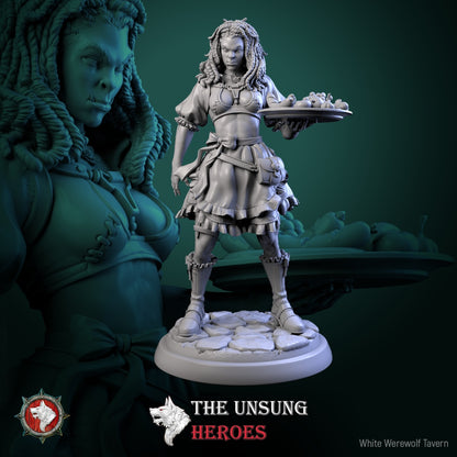 Alehouse Maid orc female miniature holding a tray of food, sculpted for fantasy RPG tavern scenes in Dungeons & Dragons or Warhammer