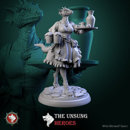 Alehouse Maid dragonborn female miniature carrying mugs and a tray of drinks for fantasy tabletop games like Dungeons & Dragons and Pathfinder