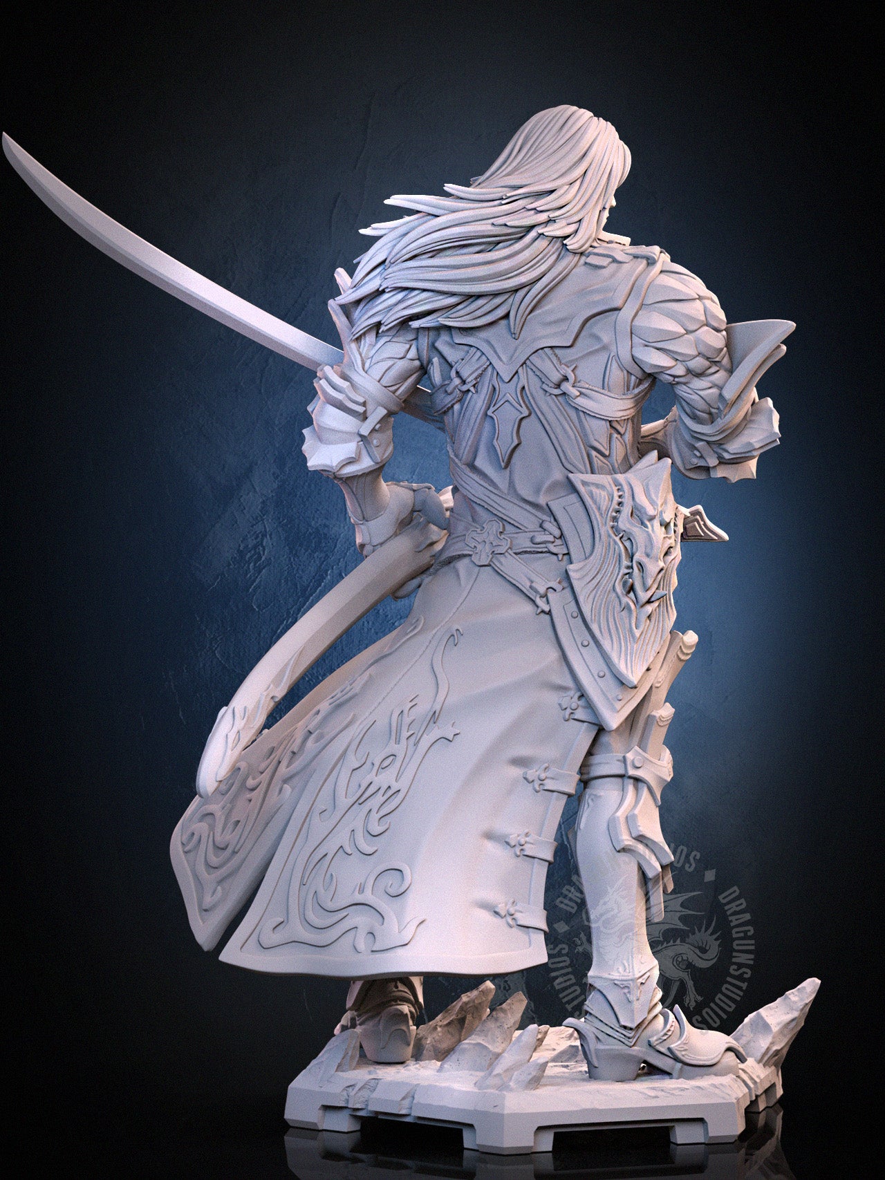 Rear view of Alucard with detailed armored cloak, ornate boots, and his sword raised in a reverse grip.