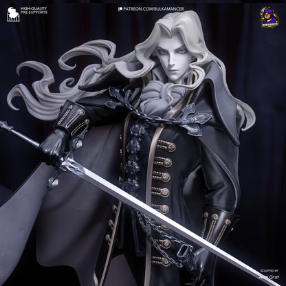 Close-up of Alucard collectible figure from Castlevania with flowing hair, ornate black coat, and sword drawn across chest, expression stoic and regal.