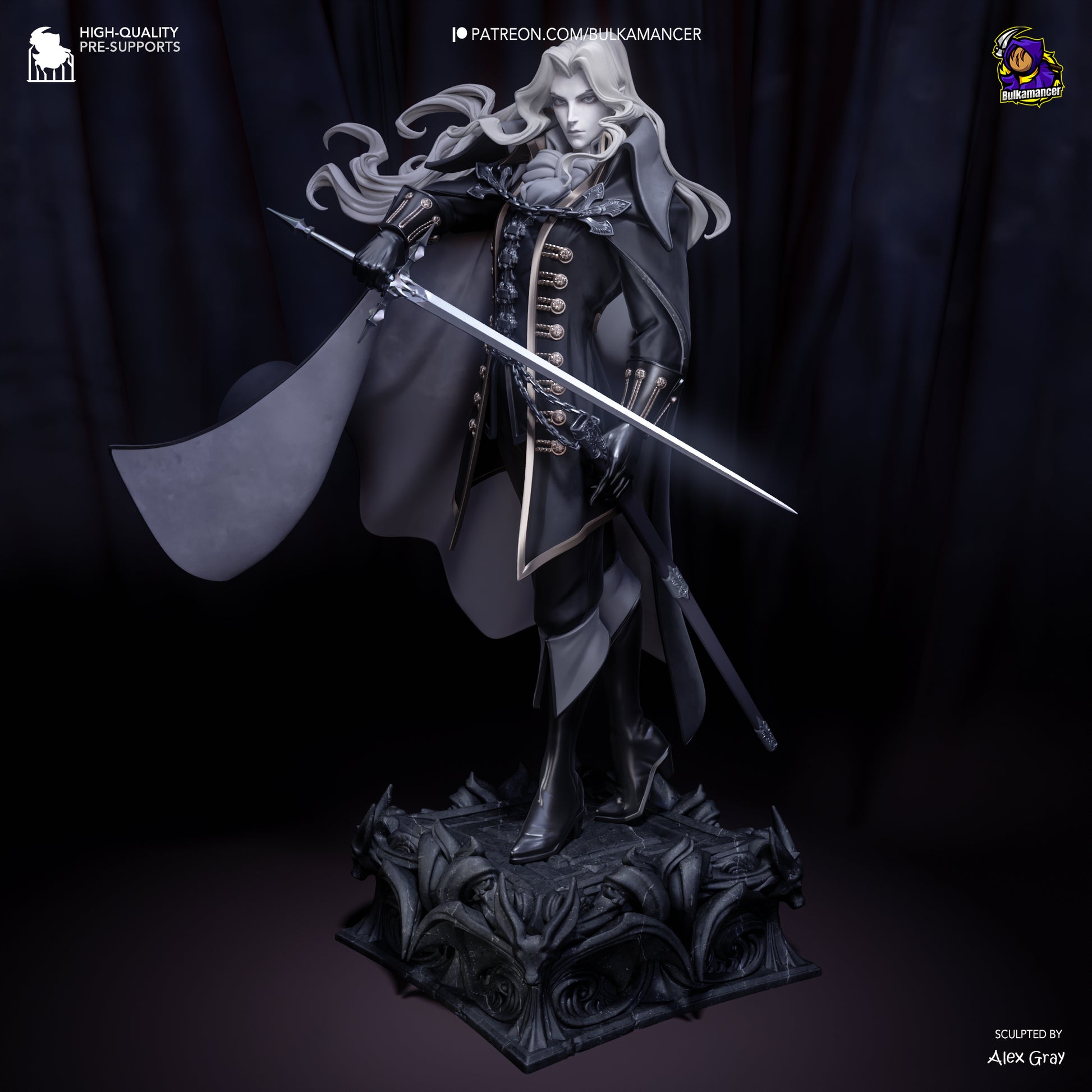 Full-body view of Alucard 1:8 scale figure with sword extended and cape flowing, standing on a gothic-style base with demonic carvings.
