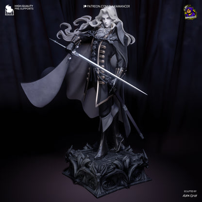 Full-body view of Alucard 1:8 scale figure with sword extended and cape flowing, standing on a gothic-style base with demonic carvings.