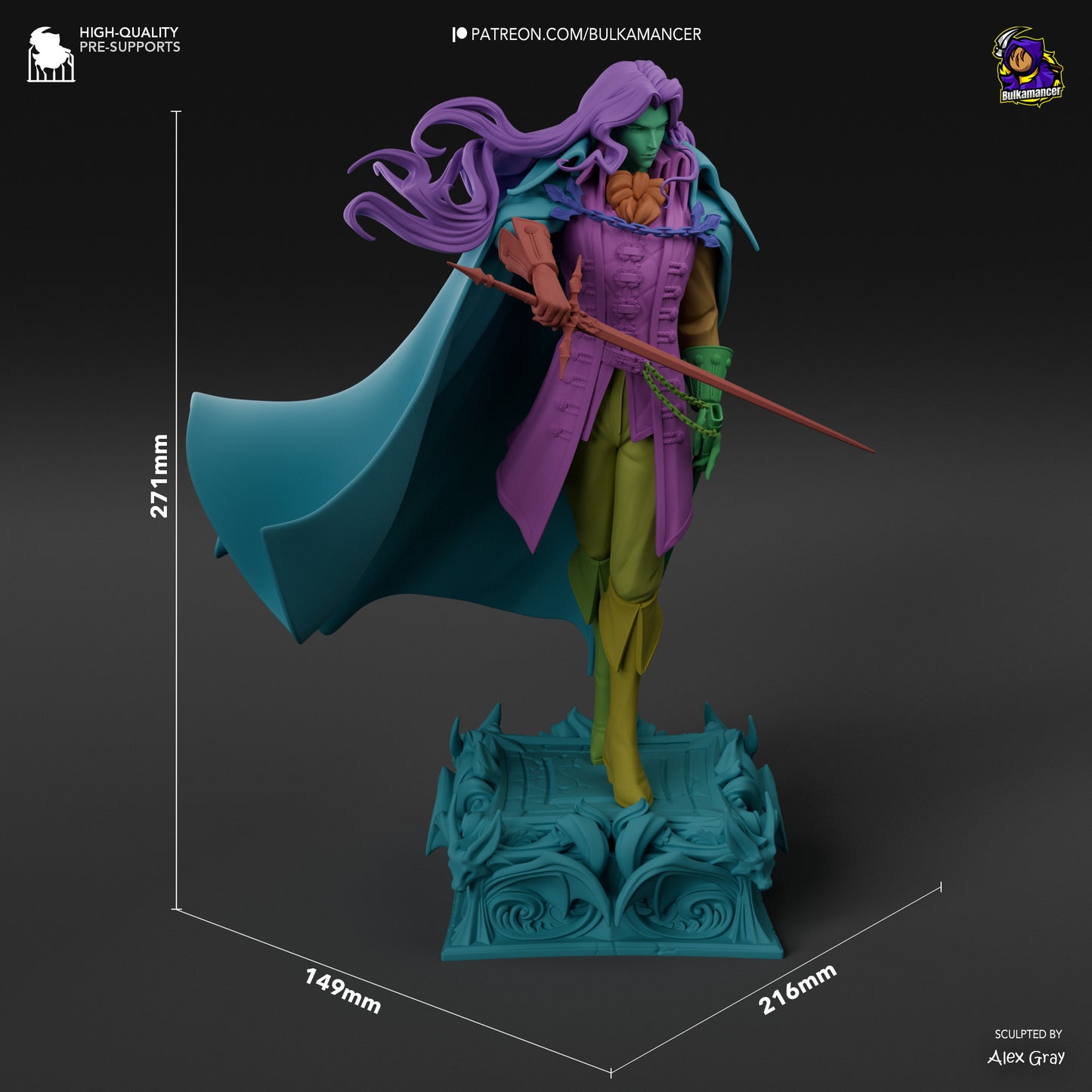 Render of Alucard 1:8 figure showing height of 271mm and base dimensions of 149mm by 216mm, color-coded parts highlighted.