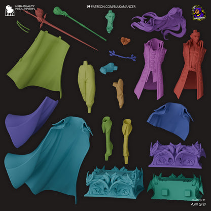 Exploded view of modular Alucard figure with separate components including head, arms, cape, coat, sword, and gothic base layout.