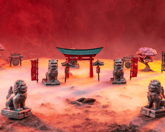 Amaterasu shrine terrain diorama with torii gate, stone lions, banners, lanterns, and trees surrounded by fog and red light.