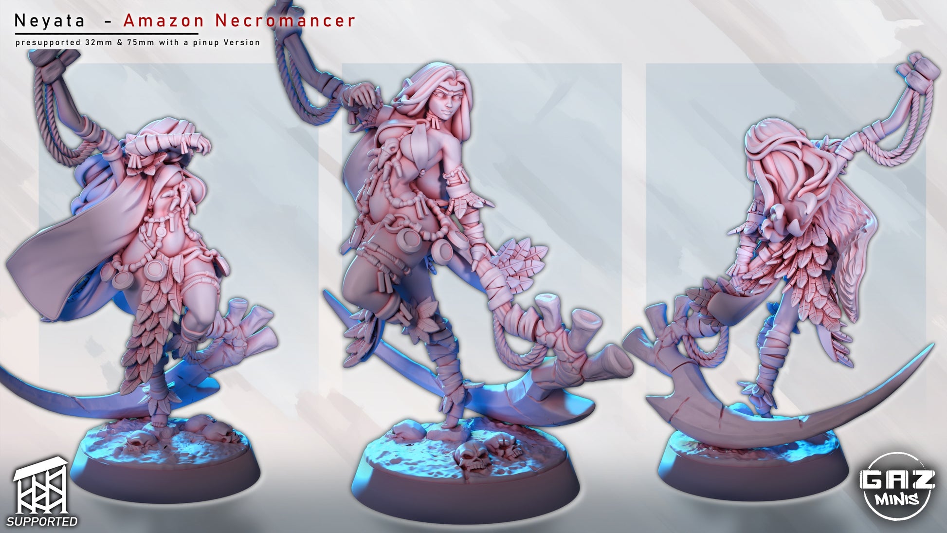 Neyata miniature unpainted 3-angle render — sculpt showing flowing hair, feathered accessories, and bone weapon on rocky base.
