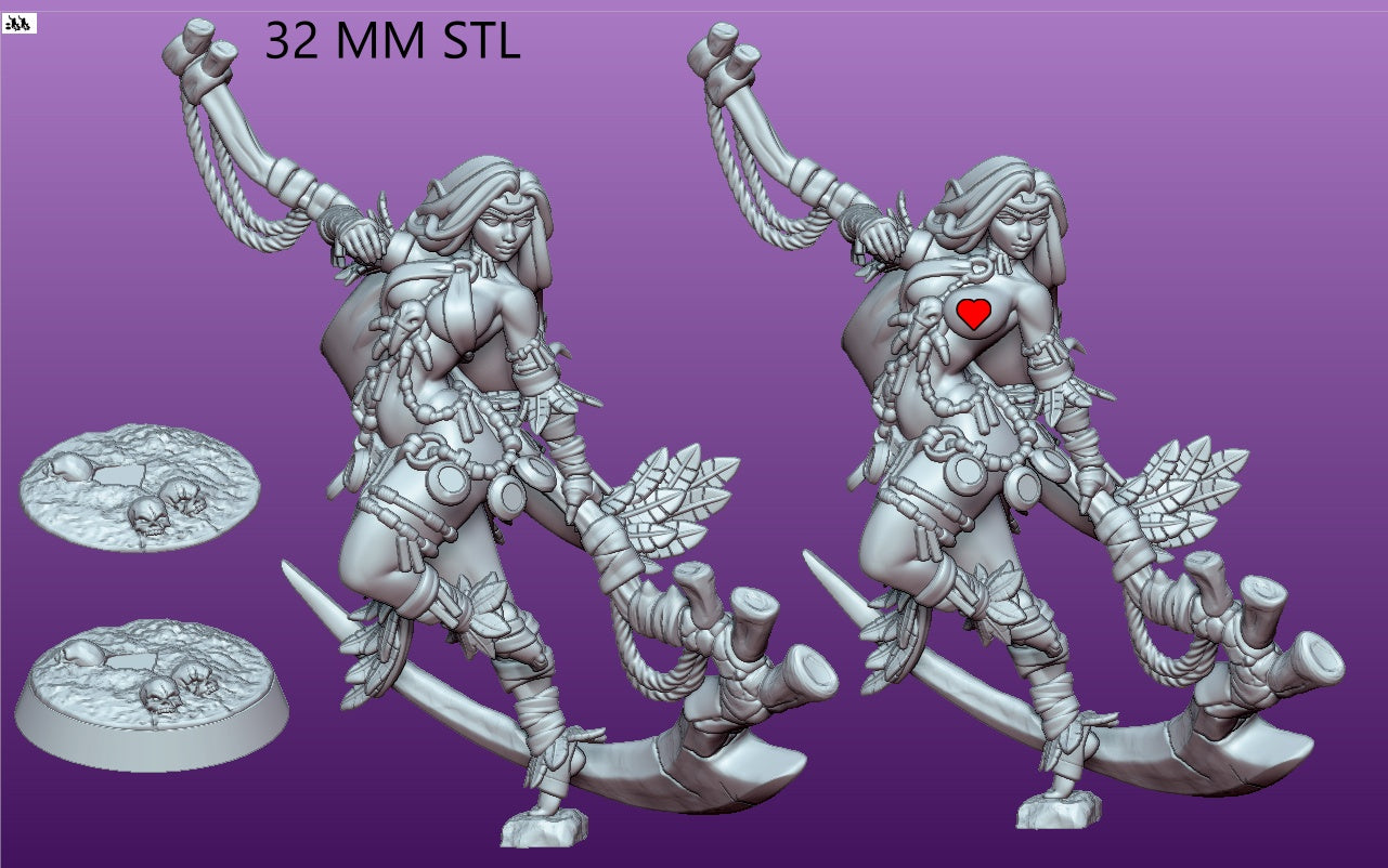 Neyata 32mm STL variant render — smaller version with standard and topless options, holding curved bone scythe on skeletal base.