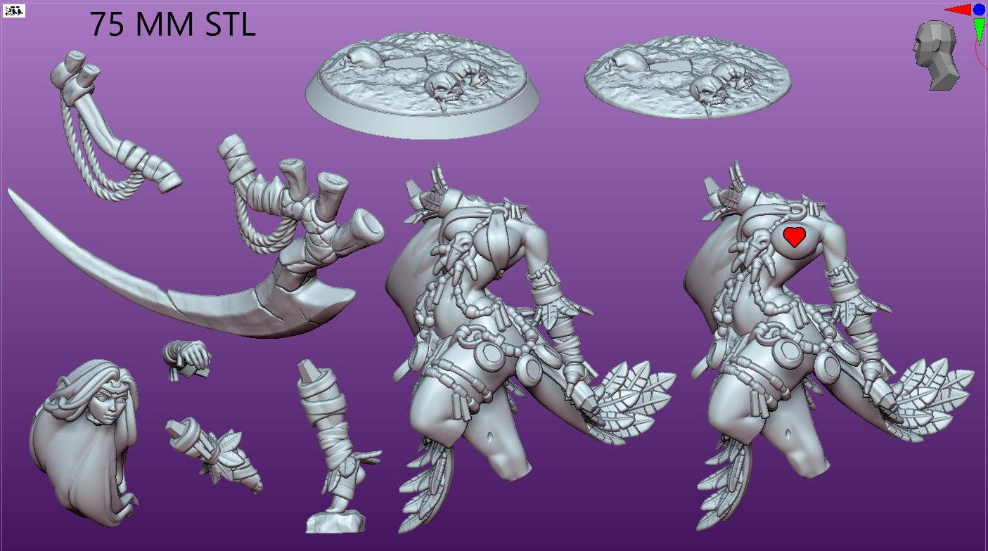 Neyata 75mm STL parts breakdown — separated model pieces including scythe, limbs, head, and skull base with alternate topless variant.
