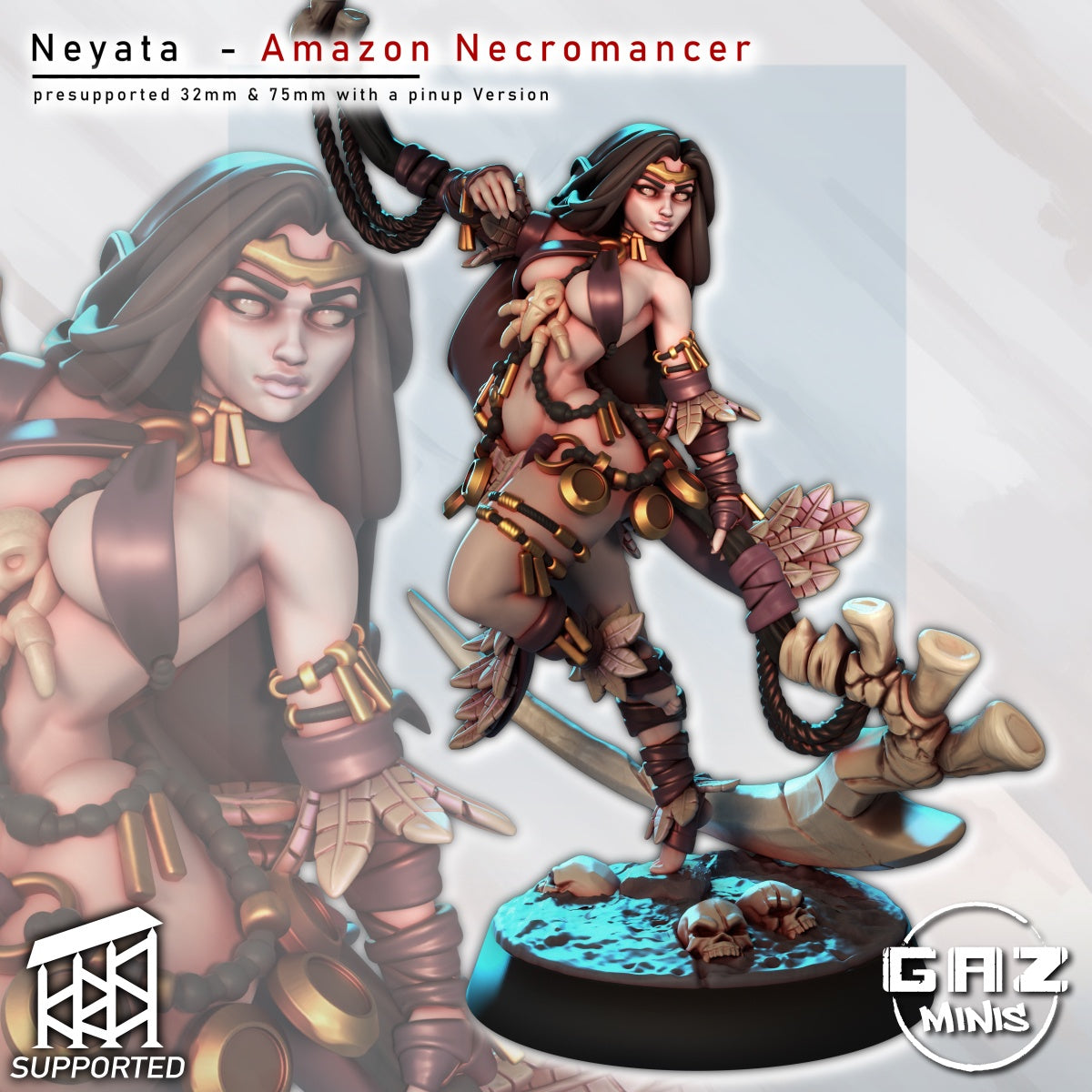 Neyata Amazon Necromancer front view — female necromancer in tribal-inspired armor with bone scythe and skull-decorated base.