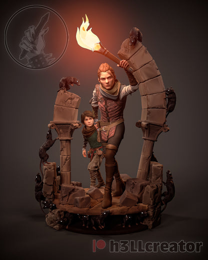 Fully painted Amicia and Hugo diorama with torch raised, surrounded by rats on ruined archways and stones.