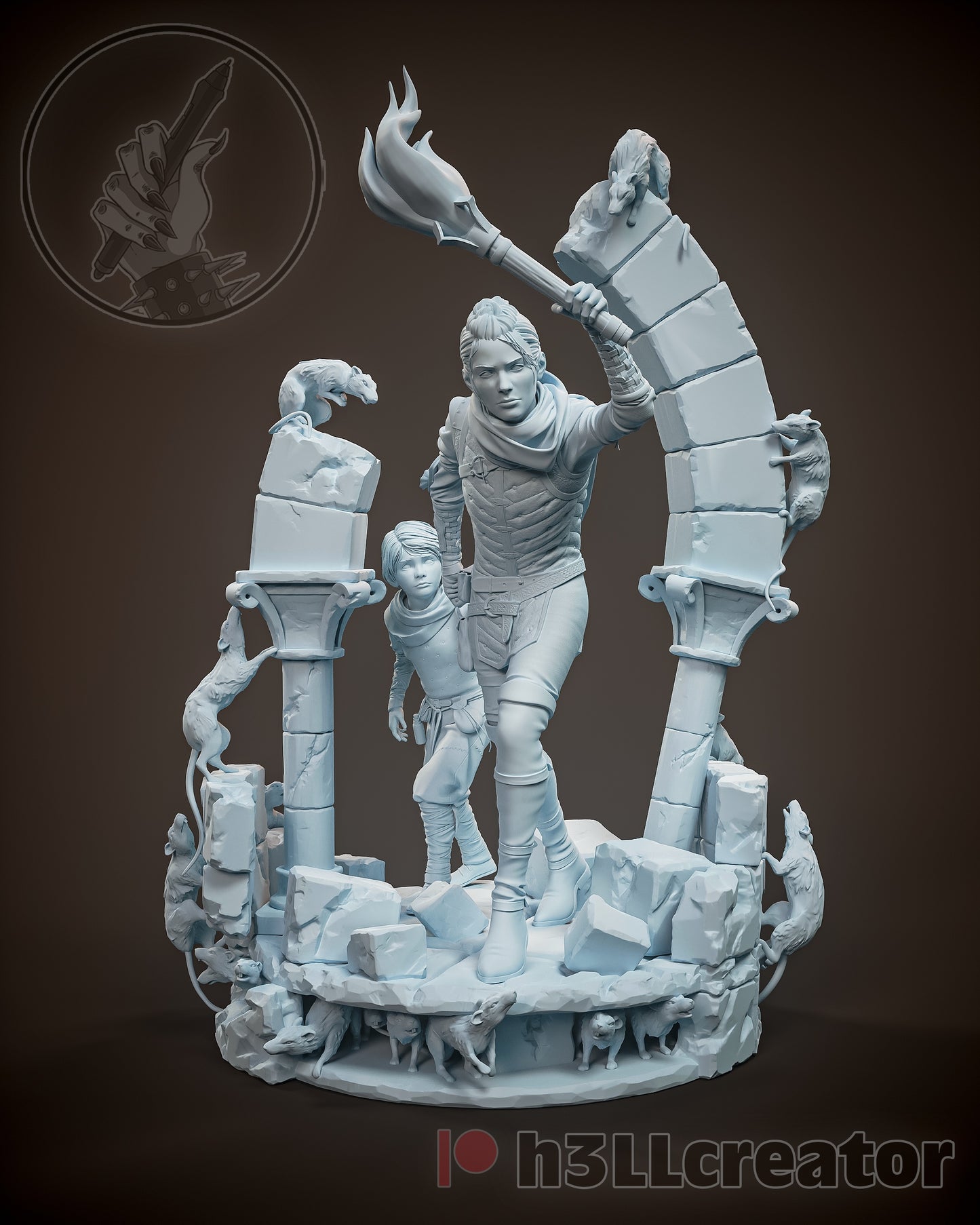 Unpainted front view of Amicia and Hugo standing on rubble between arches, with rats climbing the scene.
