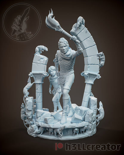 Unpainted front view of Amicia and Hugo standing on rubble between arches, with rats climbing the scene.
