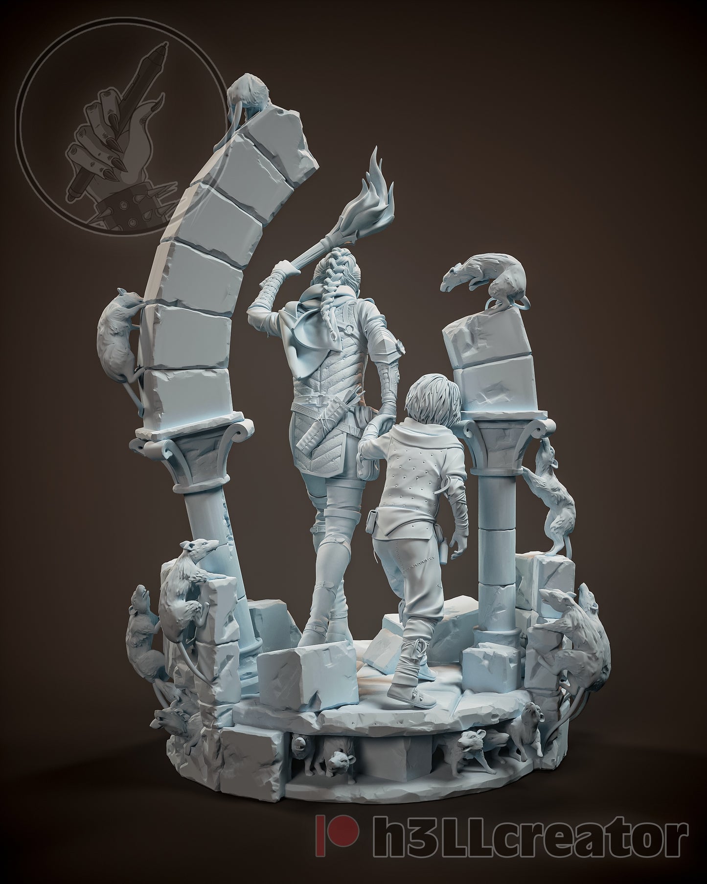 Rear view of Amicia and Hugo walking forward, with arches and rats framing the back of the diorama.