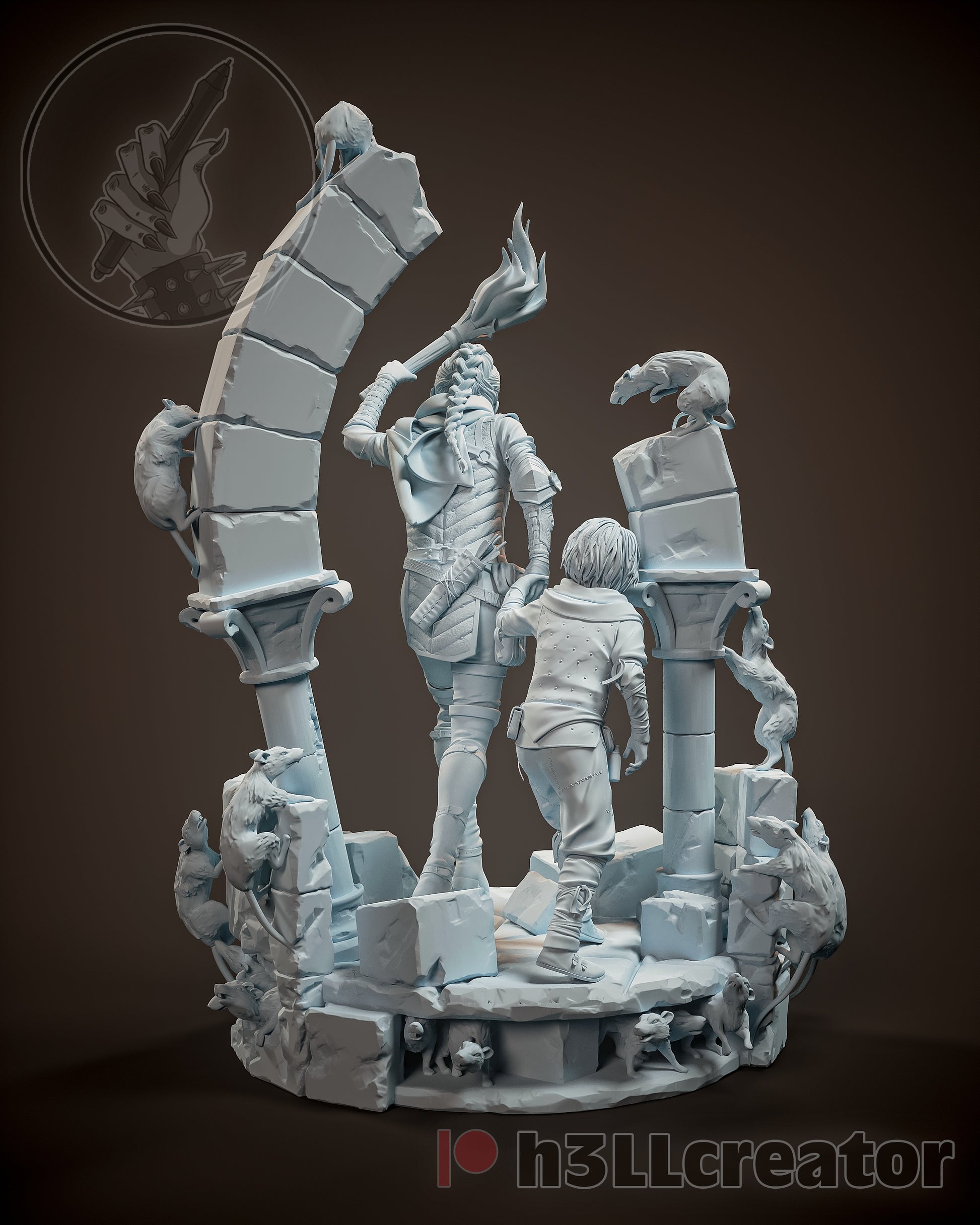 Rear view of Amicia and Hugo walking forward, with arches and rats framing the back of the diorama.