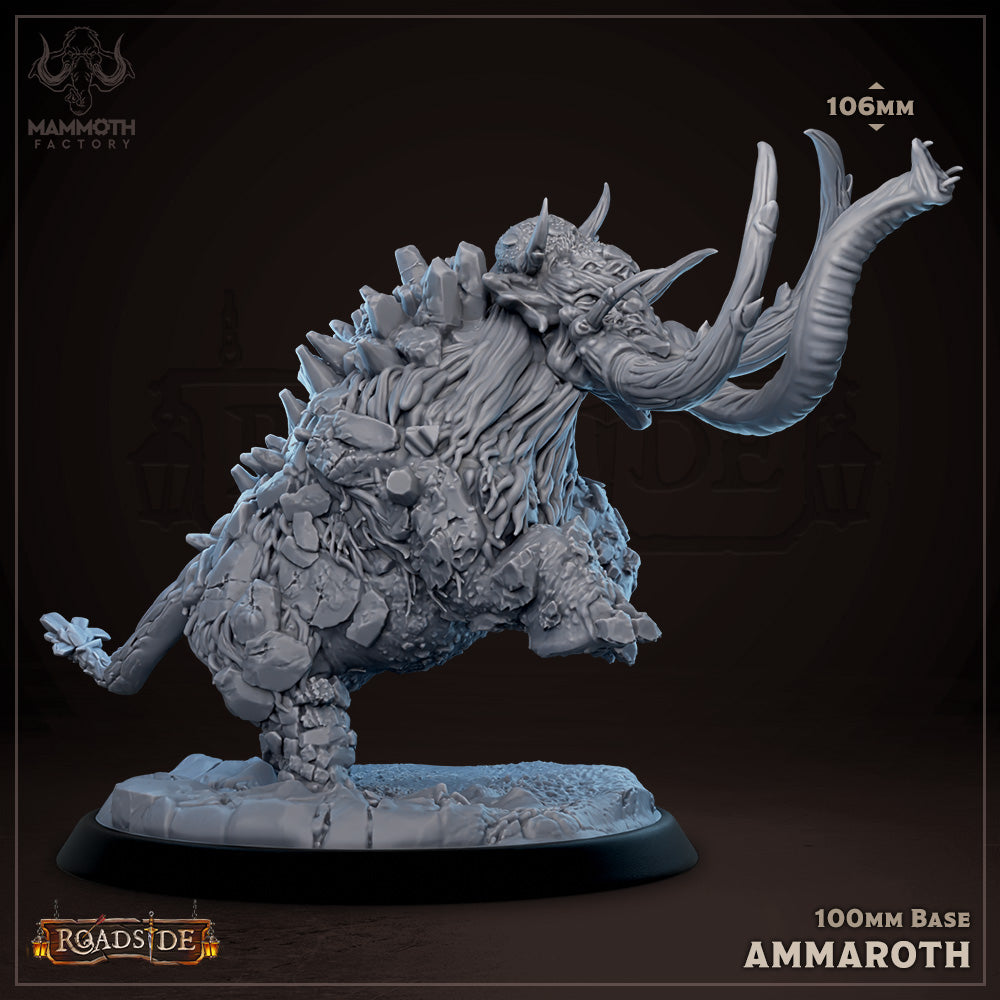 Ammaroth the Unstoppable, a large mammoth-like creature covered in rocky hide, rearing up on its hind legs, perfect for an epic encounter in fantasy TTRPG settings.