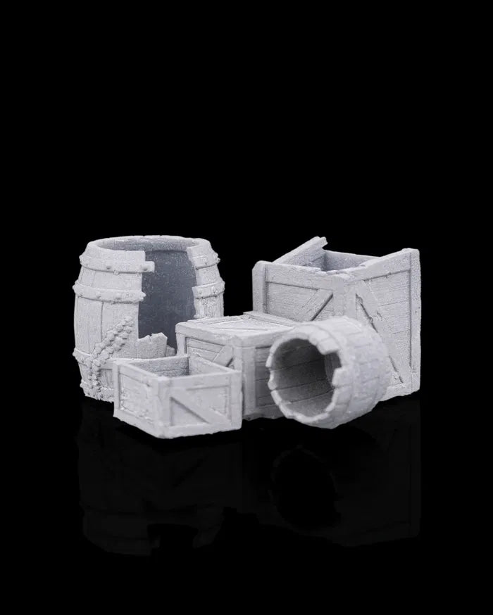 Broken barrel and crate scatter terrain with shattered wooden containers, tipped storage pieces, and debris for dungeon interiors, taverns, and ruined environments