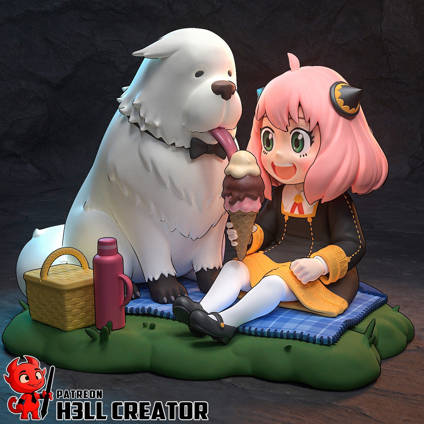 chibi anya forger spy x family figure sitting on picnic blanket with bond dog