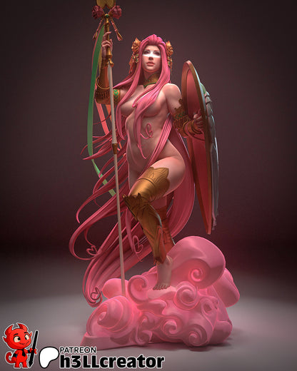 Painted Aphrodite figurine in full display with golden armor and pink cloud base – 1:12 scale