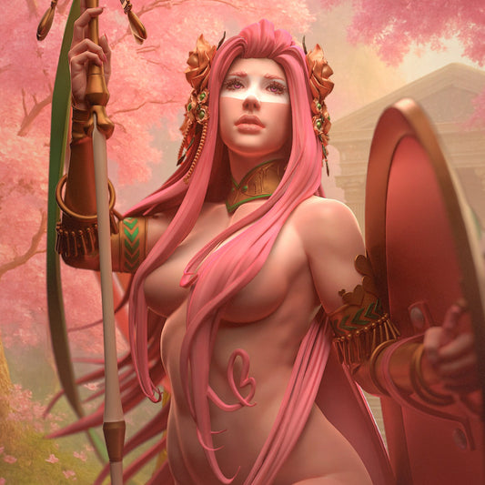 Close-up of Aphrodite’s upper body showing detailed face and flowing pink hair with soft background – 1:12 scale