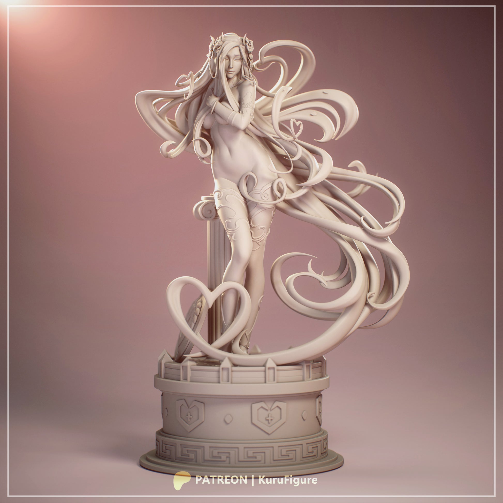 Aphrodite Hades 1:7 scale figure unpainted clay render front view statue with armor details flowing hair and pedestal base