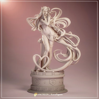 Aphrodite Hades 1:7 scale figure unpainted clay render front view statue with armor details flowing hair and pedestal base