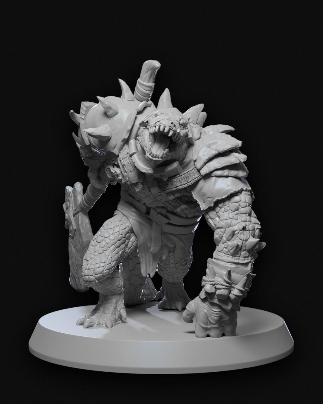 Back view of the Arak Chief miniature, showing the detailed scales and armor, with a fierce stance and gripping a spiked mace, ideal for fantasy role-playing games.