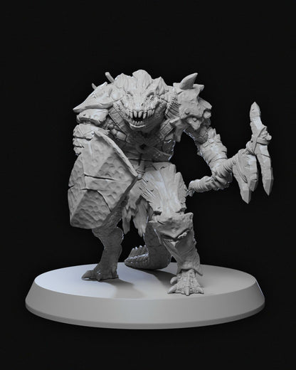 Arak Chief miniature, a lizardman in heavy armor with a jagged shield and spiked mace, standing in a combat-ready pose, suitable for D&D and tabletop RPGs.