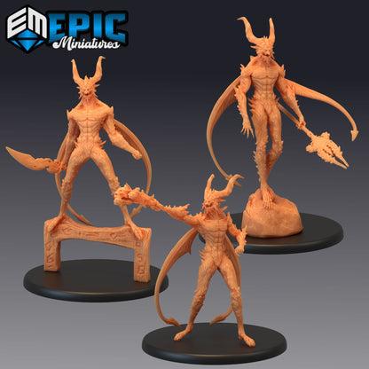 Group of Arch Devil miniatures, each holding different infernal weapons, showcasing their powerful and imposing stances, perfect for high-level demon encounters in fantasy TTRPGs.