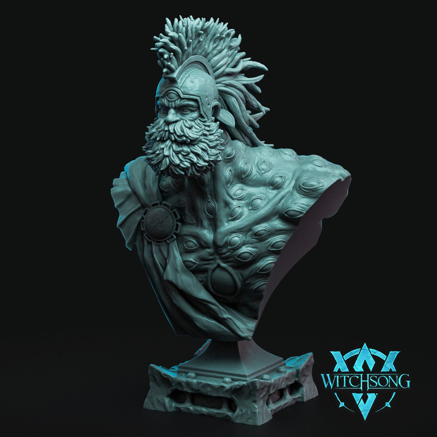 Argus Panoptes male human monster bust with helmeted head, heavy beard, and numerous eyes sculpted across the chest and shoulders, mythological watchman bust for fantasy tabletop or display