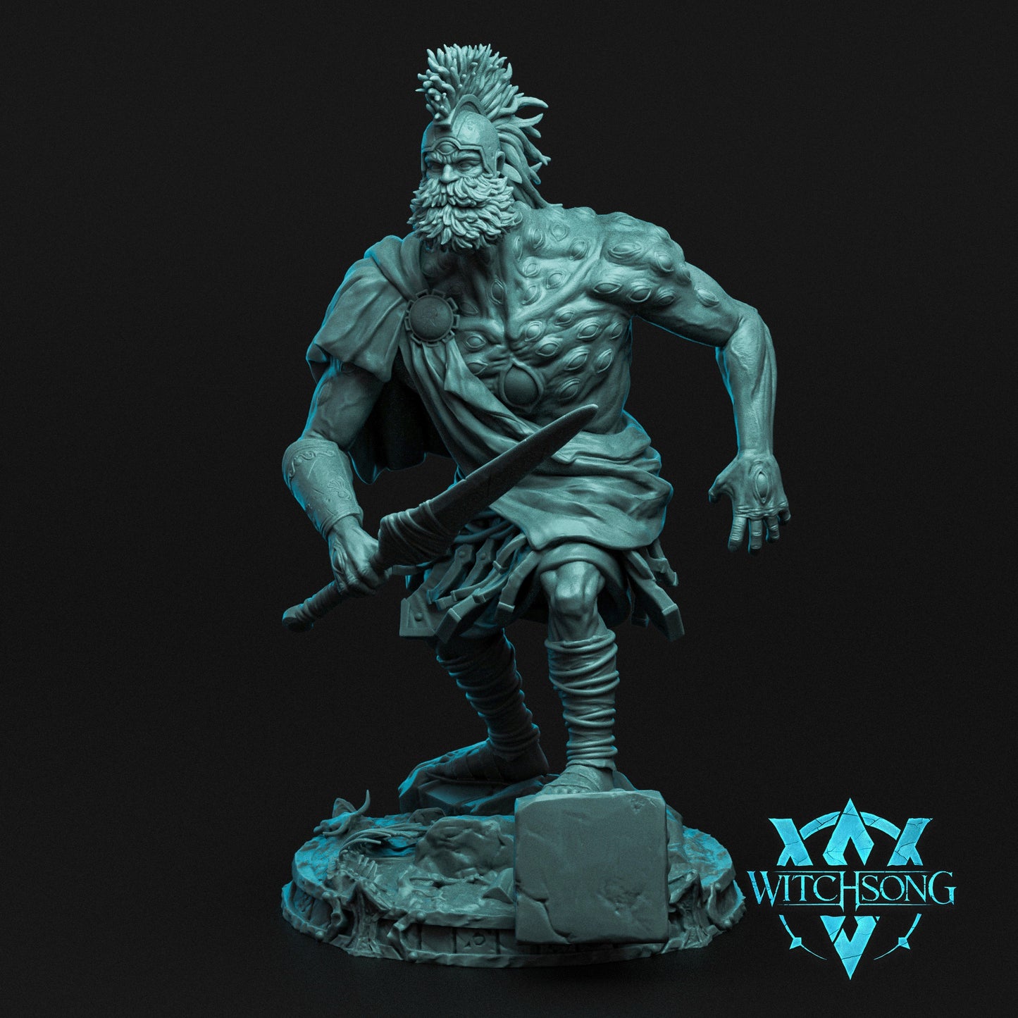 Argus Panoptes Huge male human monster miniature on 75mm base wielding a short blade, muscular body covered in many eyes across the torso, aggressive forward-moving pose on a ruined base