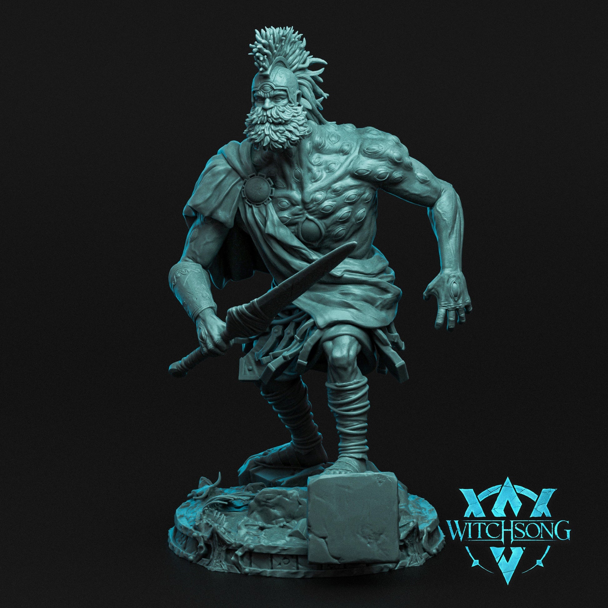 Argus Panoptes Huge male human monster miniature on 75mm base wielding a short blade, muscular body covered in many eyes across the torso, aggressive forward-moving pose on a ruined base