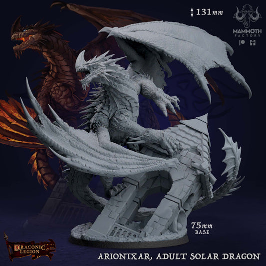 Adult Solar Dragon miniature perched on ruined tower with wings spread, suitable for DnD, Pathfinder, fantasy tabletop RPGs