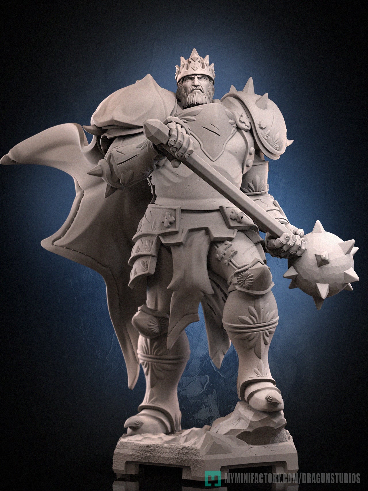 Arlon The Silver Emperor miniature front render depicting a bearded armored king with crown, elaborate plate armor, flowing cape, and raised spiked mace standing on a rocky stone base; ideal for fantasy RPG campaigns.