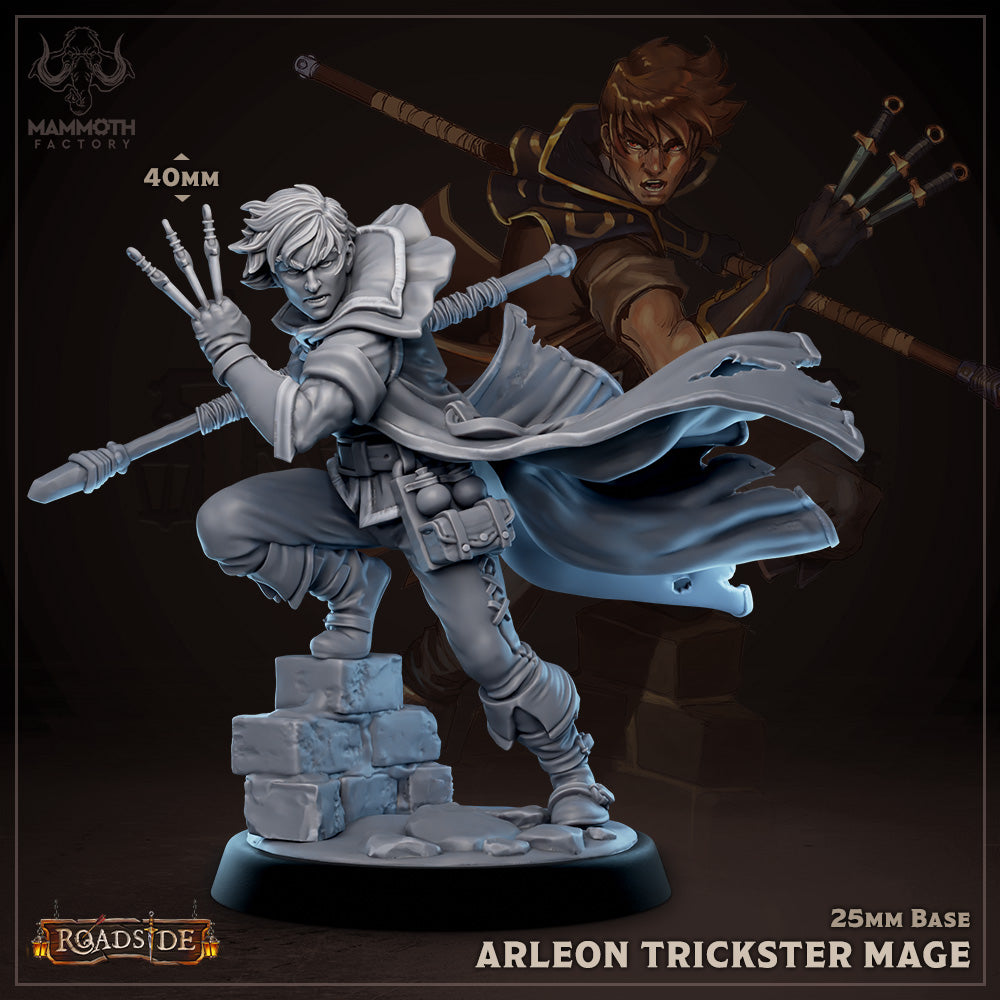 Arleon Trickster Mage, a dynamic figure posed mid-leap, holding a magical staff, with flowing robes and a belt filled with various pouches and potions, perfect for fantasy TTRPGs like D&D or Pathfinder.