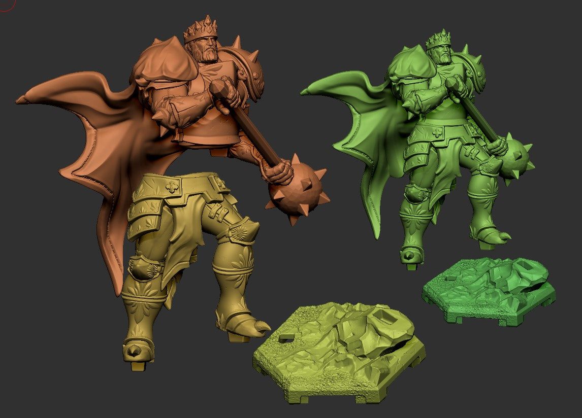 Arlon The Silver Emperor miniature parts layout showing torso, legs, cape, spiked mace, crown, and rocky base pieces; modular fantasy tabletop model compatible with Dungeons and Dragons and similar RPGs