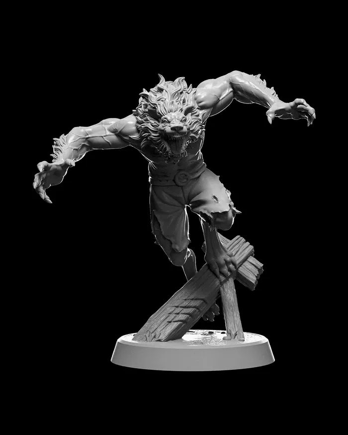 Werewolf form of Arnou, mid-leap with claws bared, displaying fierce strength and power.